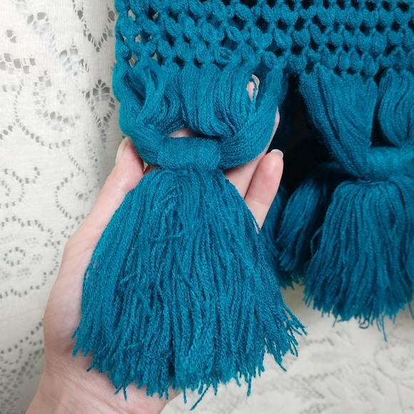 Vintage Handwoven Blanket Shawl Teal Blue Green Large Tassels 27" × 42" - Picture 2 of 7